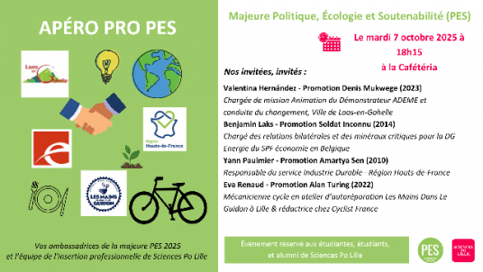 Apéro pro - Majeure Politique, Ecologie & Soutenabilité (PES) : Travailler dans le secteur de l'énergie, l'agriculture et l'urbanisme
